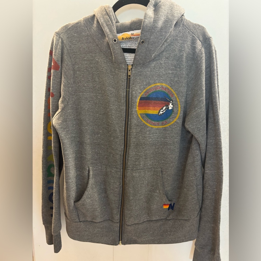 Aviator Nation Gray Zip-Up Hoodie with Rainbow Logo missing tie